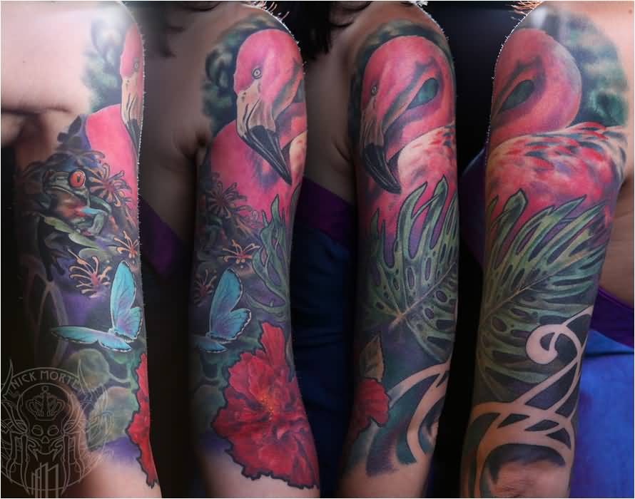 Outstanding Colorful Flamingo Tattoo On Half Sleeve