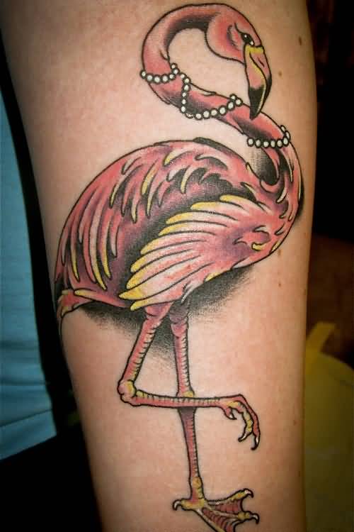 Outstanding Flamingo Wearing Necklace Tattoo On Forearm