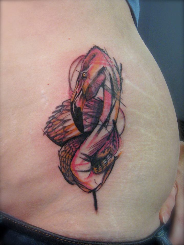 Outstandingly Designed Flamingo Tattoo On Stomach
