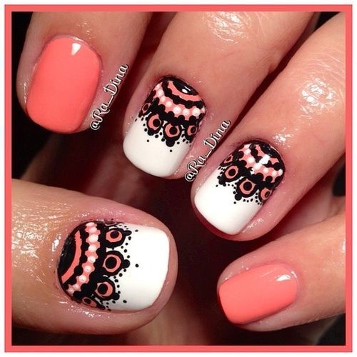 Peace White  And Black Lace Nail Art