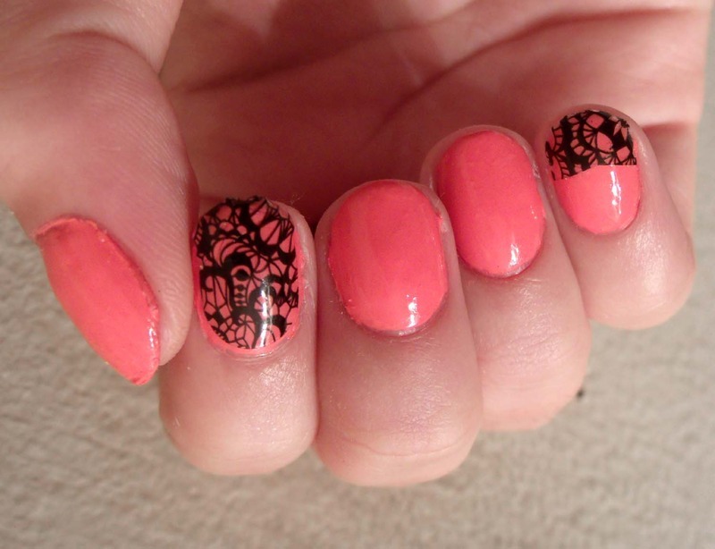 Peach Nails With Black Lace Nail Art Design