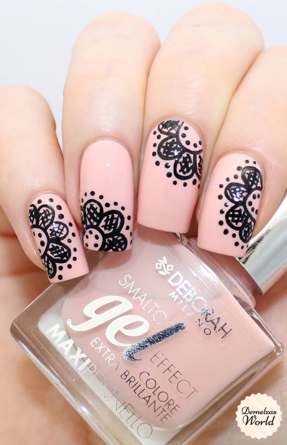 Peach Nails With Black Lace Nail Art