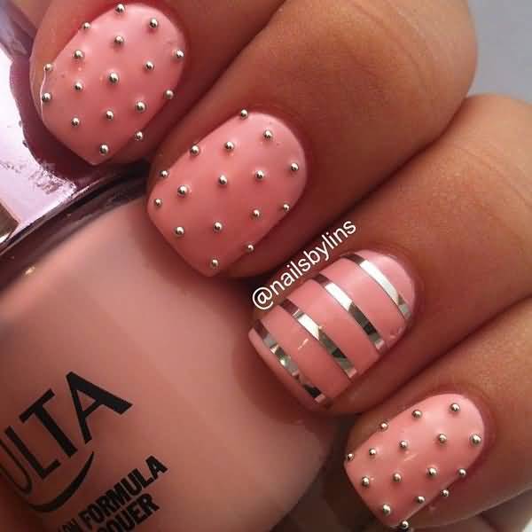 Peach Nails With Metallic Caviar Beads And Stripes Design