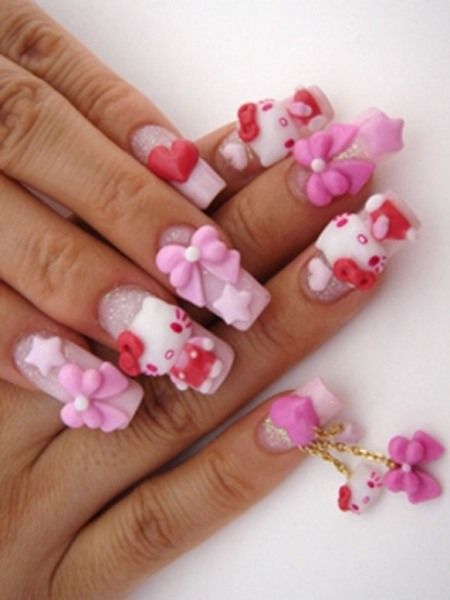 Pink 3d Acrylic Flowers Nail Art With Red Hearts Design
