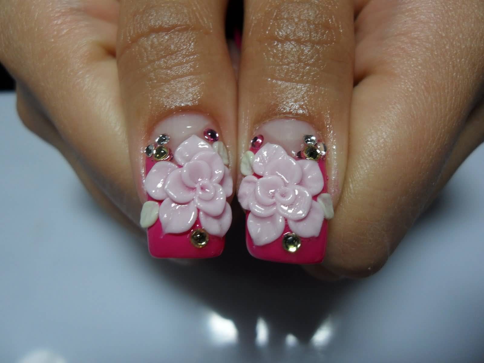 Pink Acrylic 3d Flower Nail Art