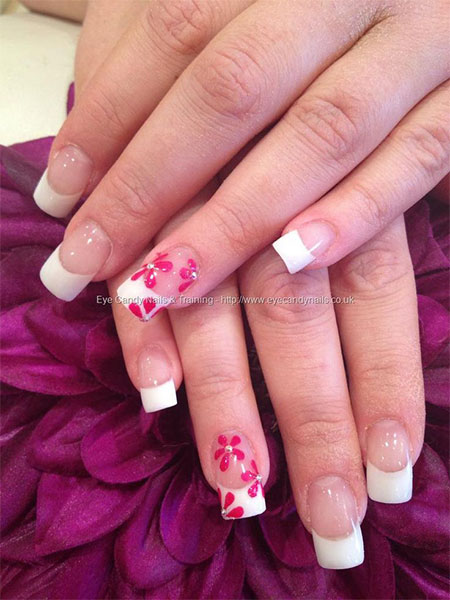 Pink Acrylic Flowers Nail Art With White French Tip