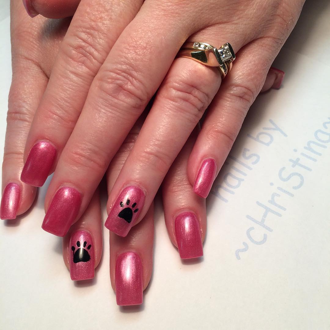Pink Acrylic Nail Art With Dog Paw Design