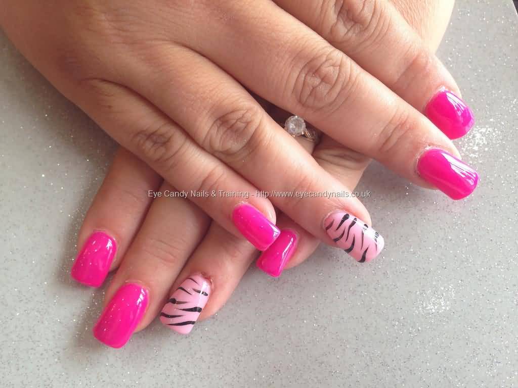Pink Acrylic Nail Art With Zebra Print Design