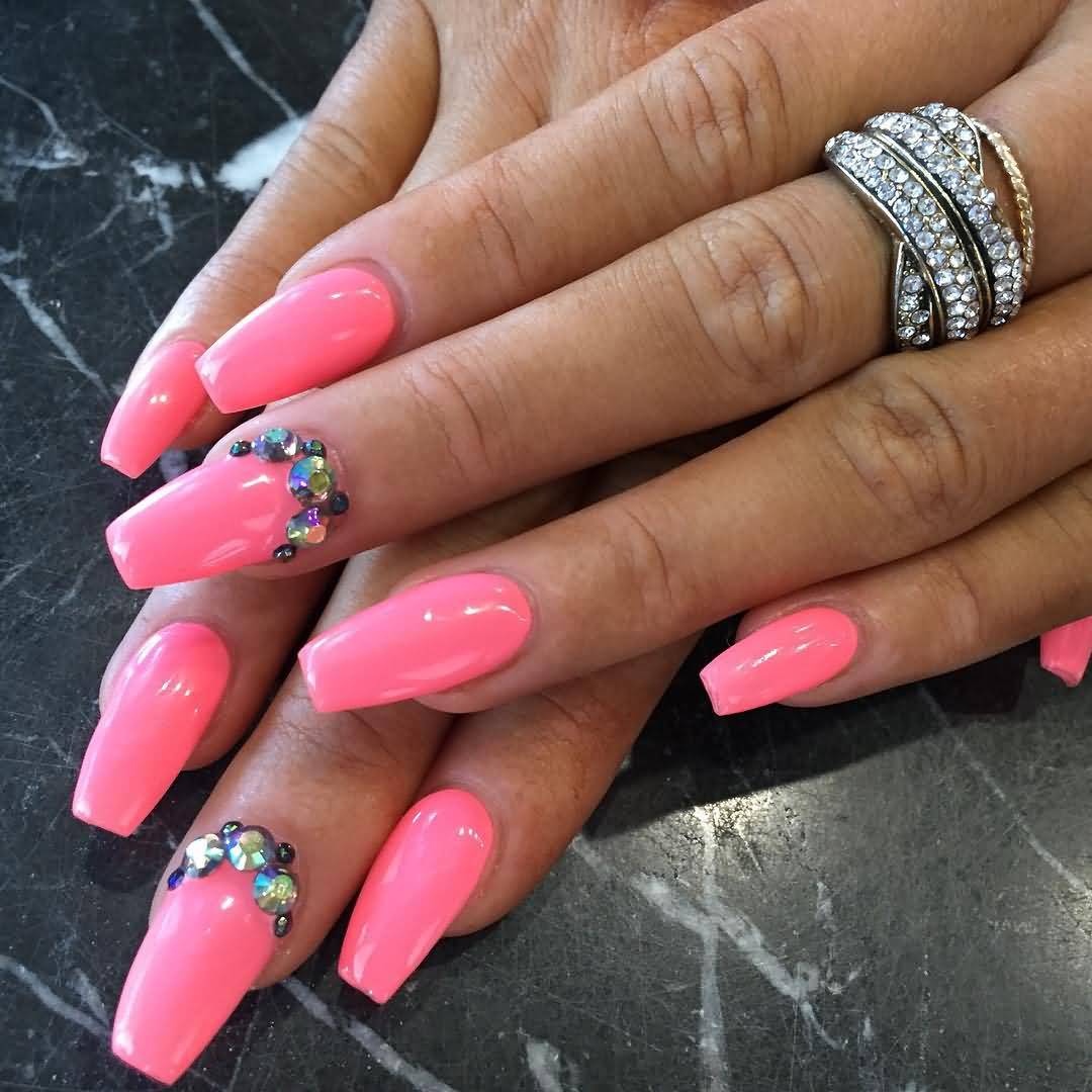 Pink Acrylic Nails With Rhinestones Design Idea