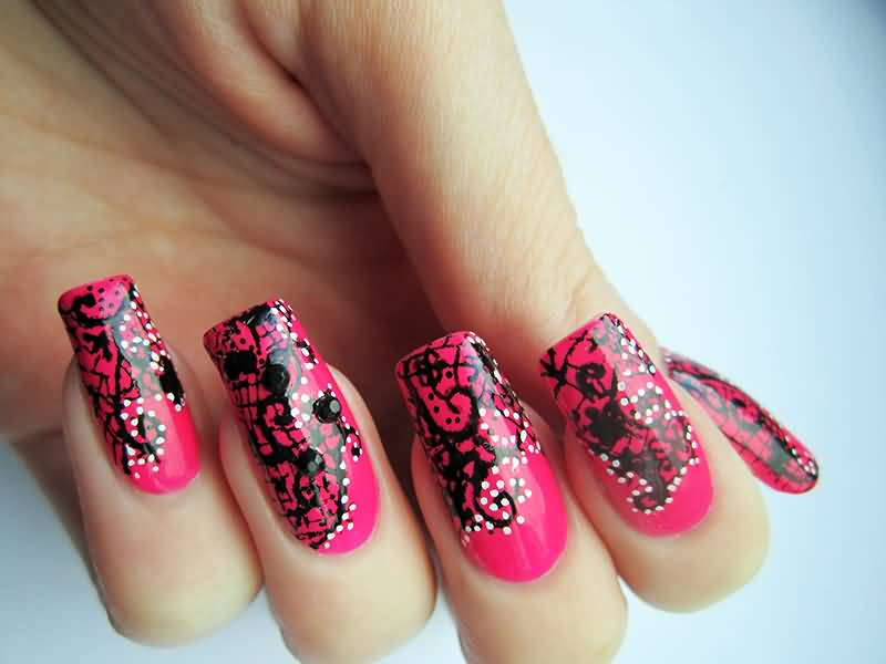 Pink And Black Lace Nail Art