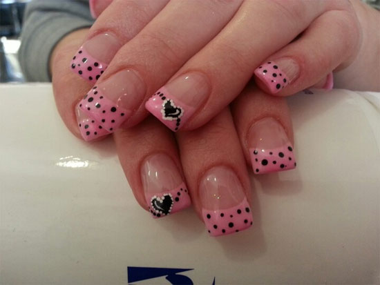 Pink And Black Polka Dots French Tip Acrylic Nail Art