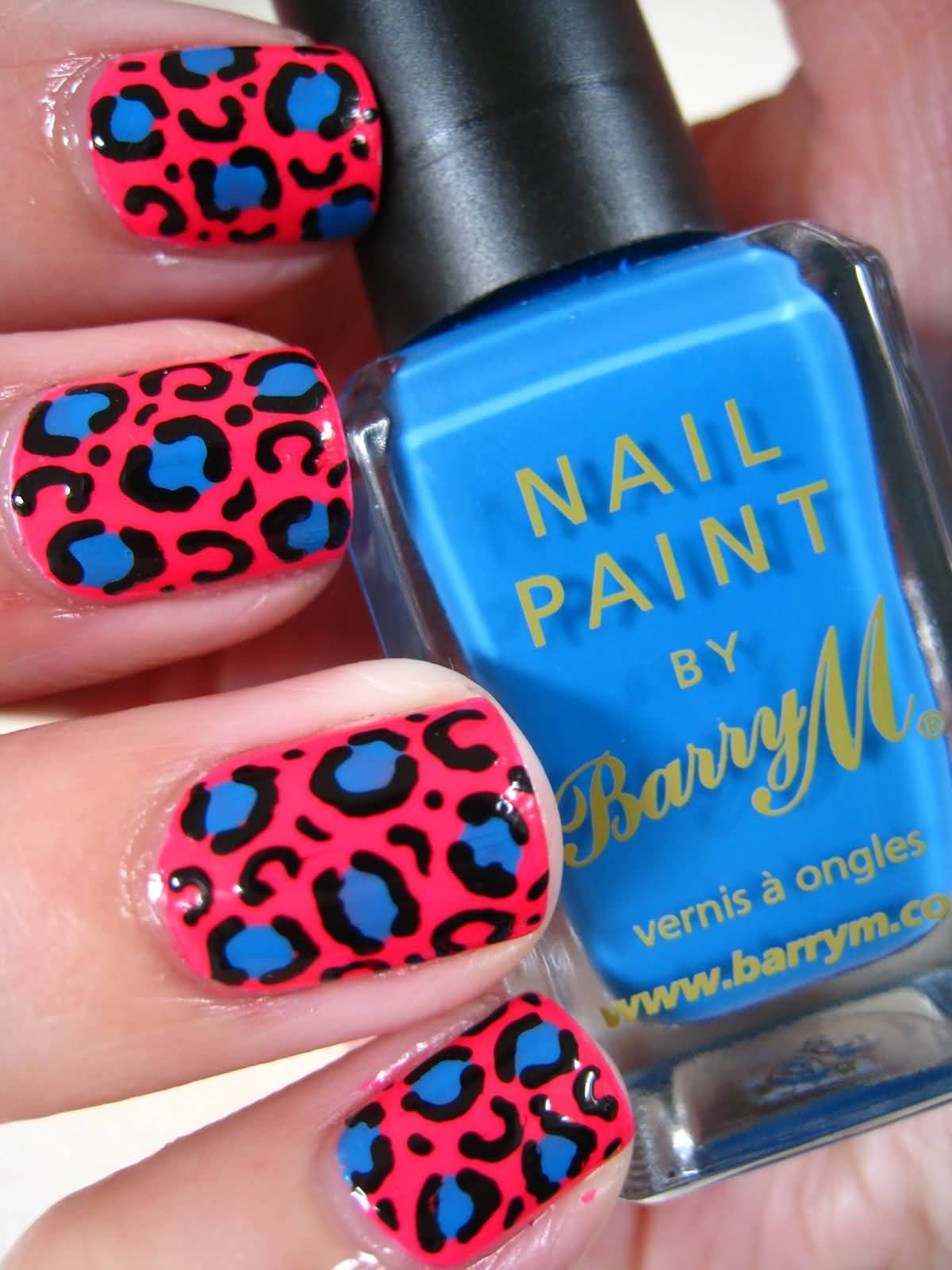 Pink And Blue Acrylic Leopard Print Nail Art