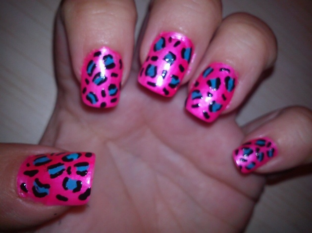 Pink And Blue Leopard Print Nail Art Design
