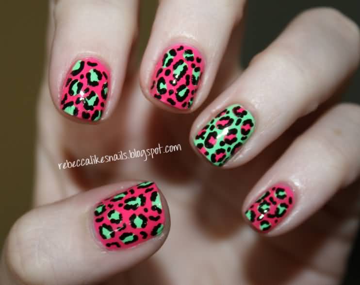 Pink And Green Leopard Print Nail Art