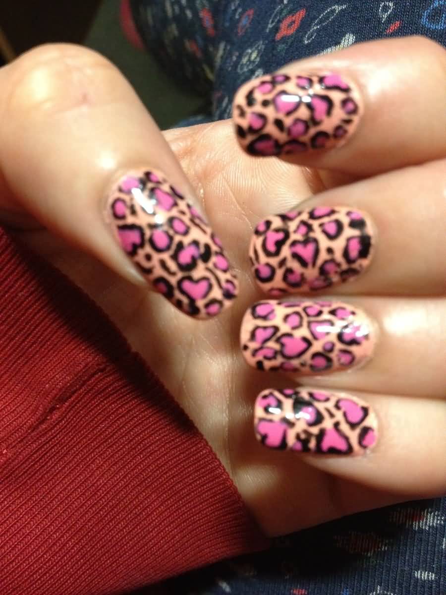 Pink And Peach Leopard Print Nail Art
