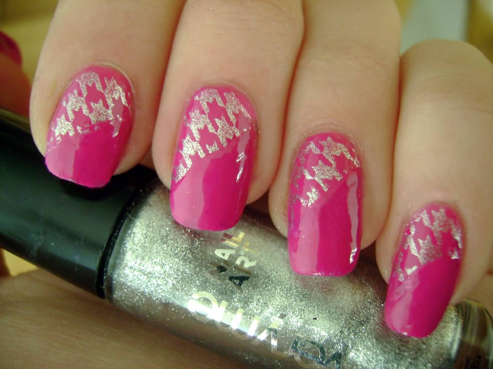 Pink And Silver Houndstooth Design Acrylic Nail Art