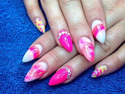 Pink And White Almond Acrylic Nail Art Design Idea