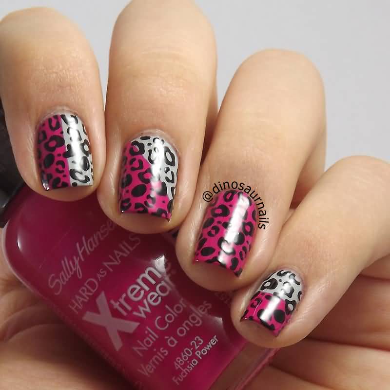 Pink And White Diagonal Leopard Print Nail Art