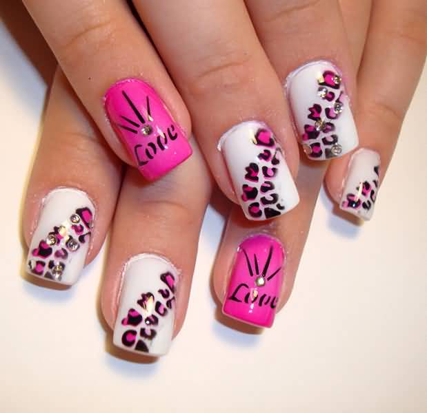 Pink And White Leopard Print Nail Art With Rhinestones