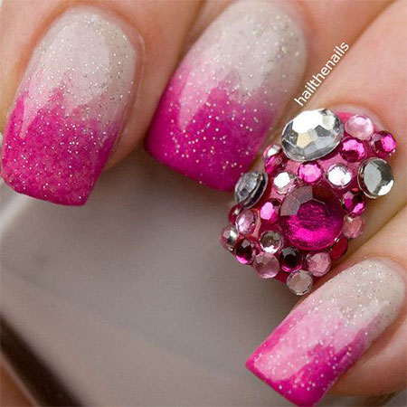 Pink And White Ombre Acrylic Nail Art With Accent Rhinestones