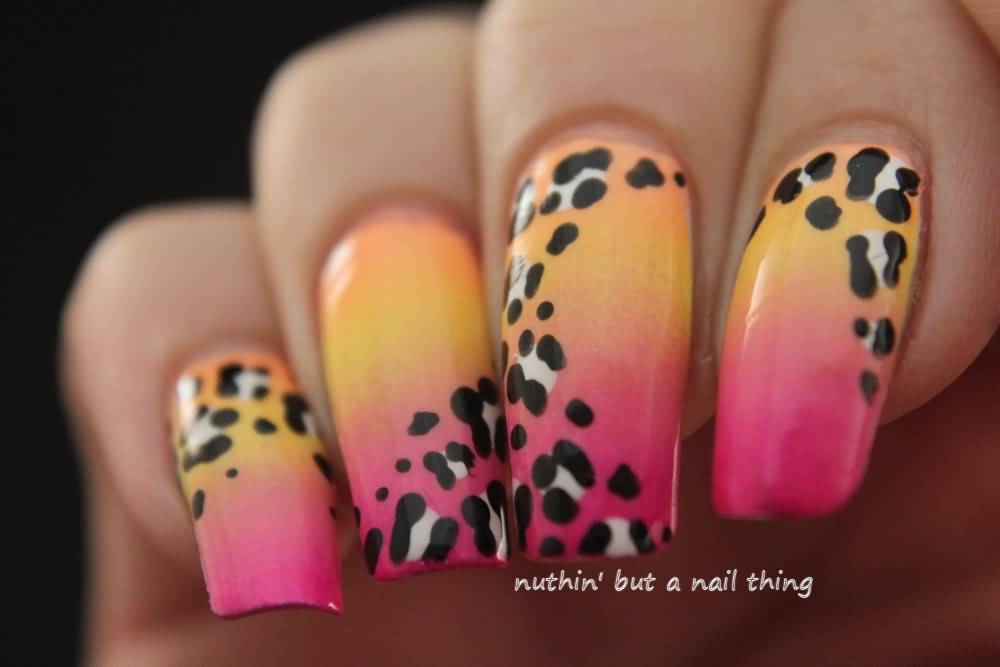 Pink And Yellow Ombre Leopard Print Nail Art Design Idea