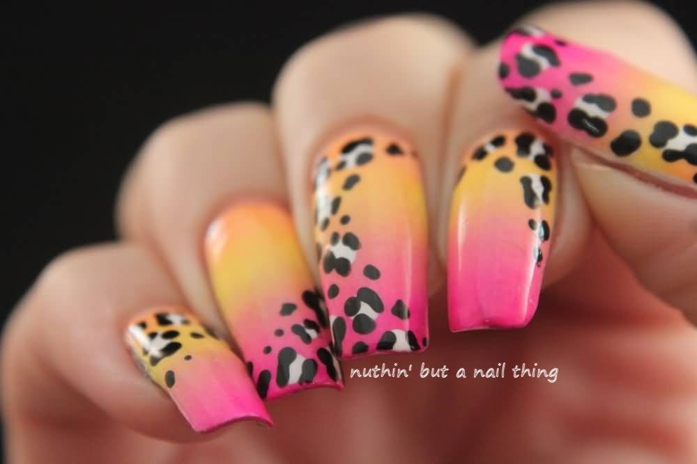 Pink And Yellow Ombre Leopard Print Nail Art