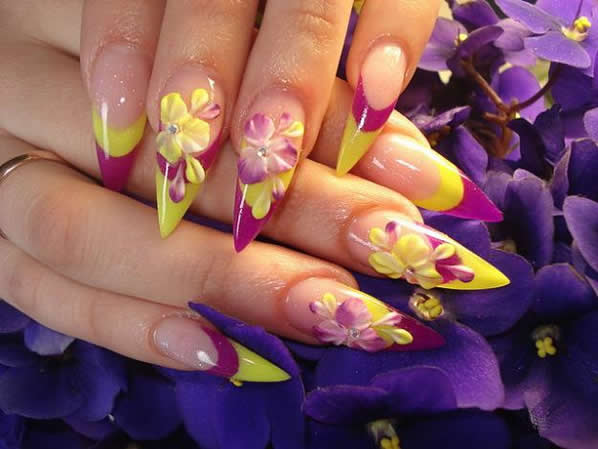 Pink And Yellow Stiletto Flowers Acrylic Nail Art