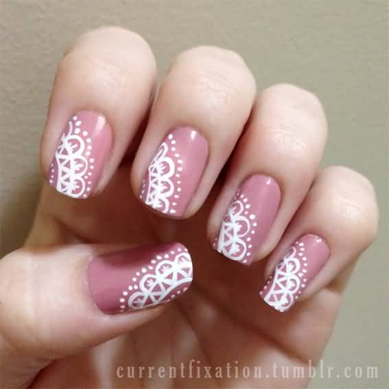 Pink Base Nails With White Lace Nail Art