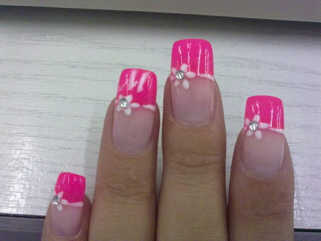 Pink French Tip Acrylic Nail Art With Flowers Design