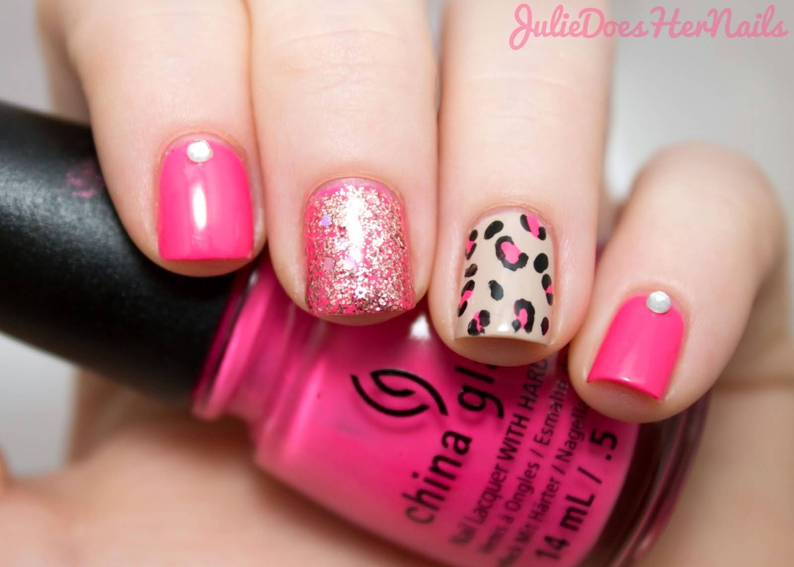 Pink Glitter Leopard Print Nail Art
