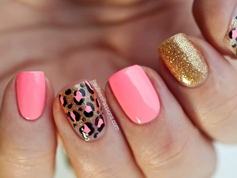 Pink Gold Glitter Accent Leopard Print Nail Art