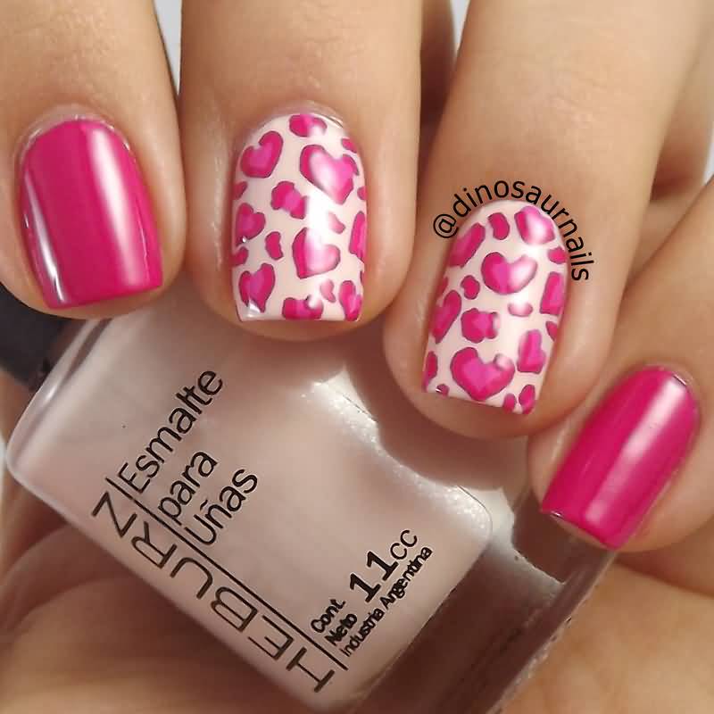 Pink Hearts Leopard Print Nail Art