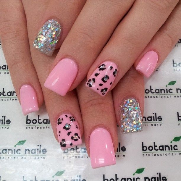 Pink Leopard Print Nail Art With Silver Glitter Design