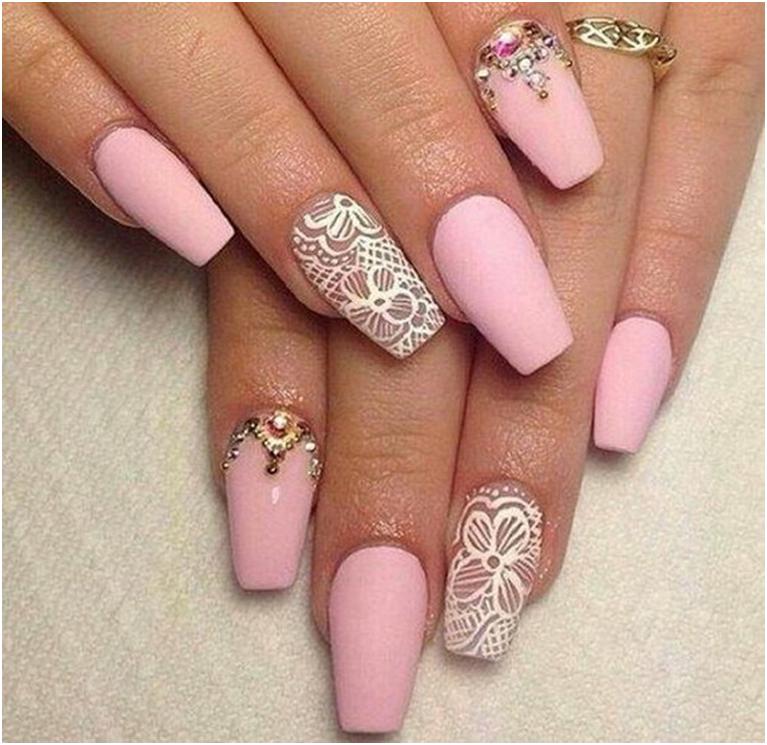 Pink Matte Nails With White Lace Flower Design Nail Art