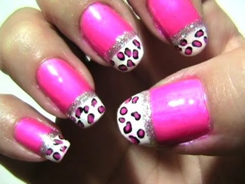 Pink Nails With French Tip Leopard Print Nail Art