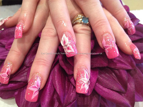 Pink Nails With 3d Acrylic Flowers
