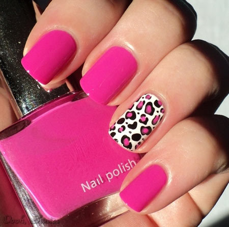 Pink Nails With Accent Leopard Print Nail Art Design