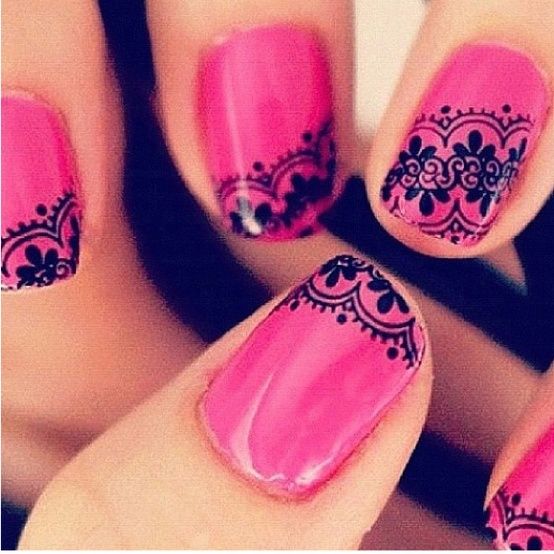 Pink Nails With Black Lace Flower Nail Art Design