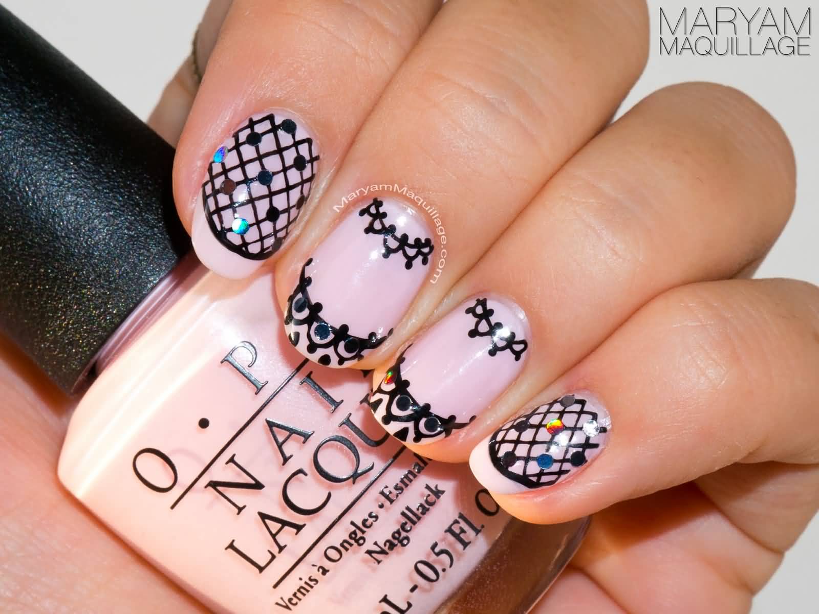 Pink Nails With Black Lace Nail Art Design