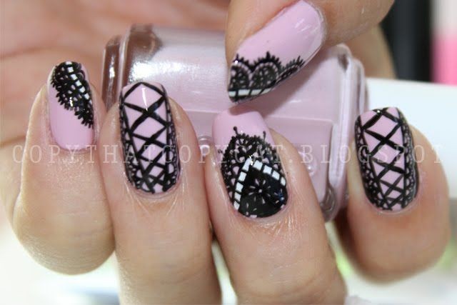 Pink Nails With Cute Black Lace Nail Art Design