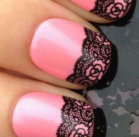 Pink Nails With French Tip Lace Nail Art