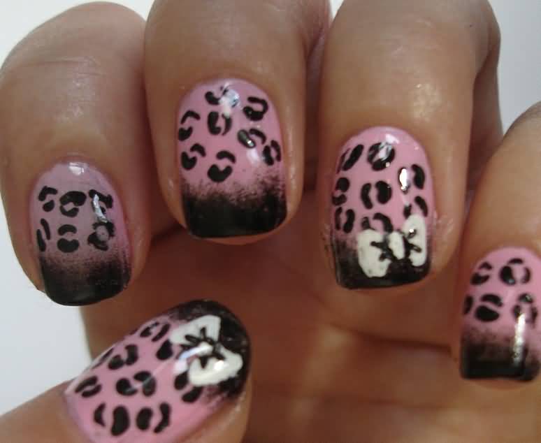 Pink Nails With Leopard Print Nail Art And Bow Design