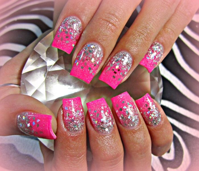 Pink With Silver Showers Acrylic Nail Art