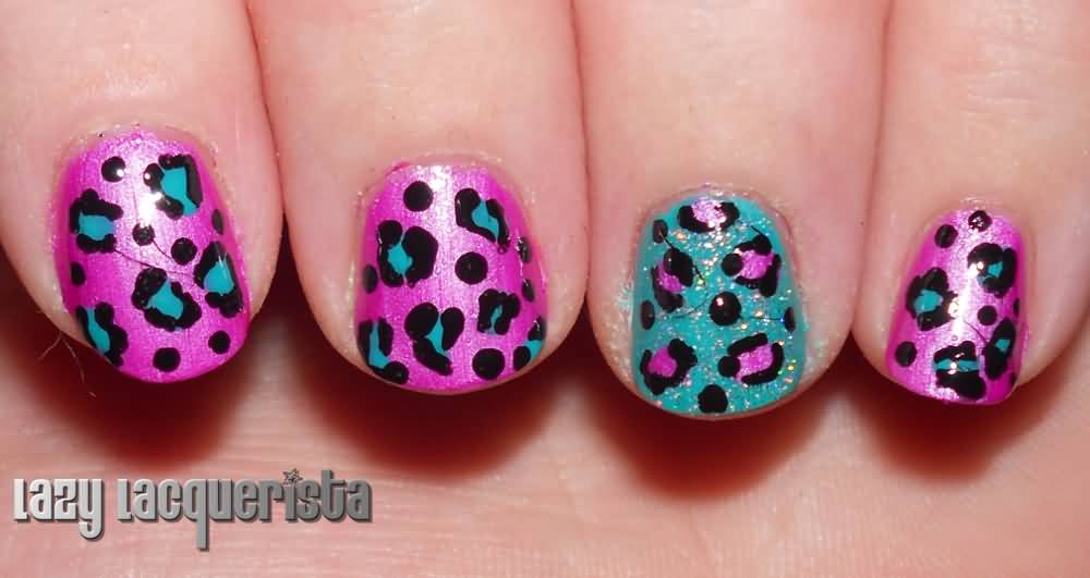 Purple And Green Leopard Print Nail Art Design For Short Nails