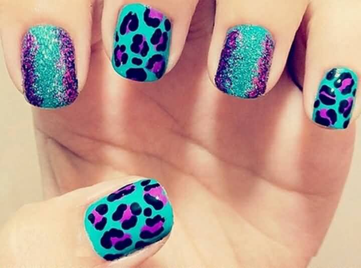 Purple And Mint Leopard Print Nail Art Design