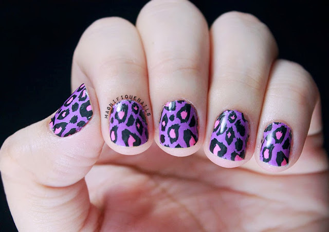 Purple And Pink Leopard Print Nail Art For Short Nails