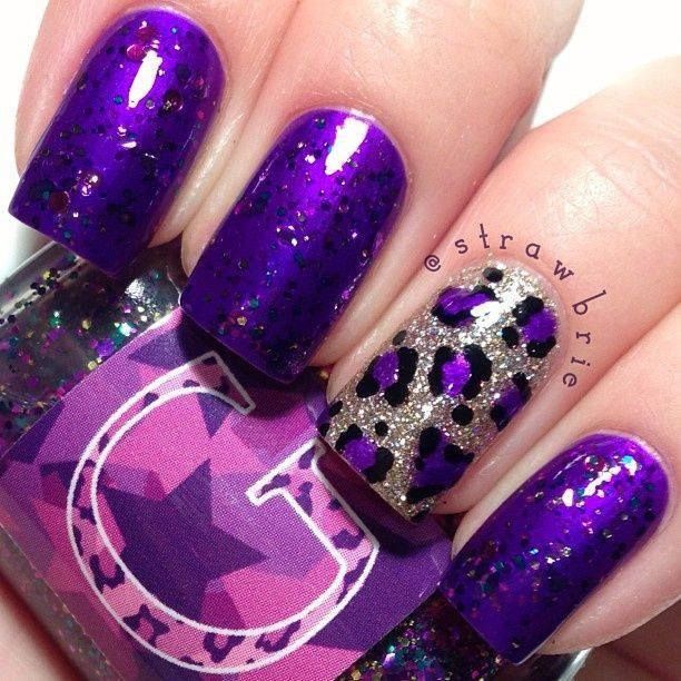 Purple And Silver Glitter Leopard Print Nail Art