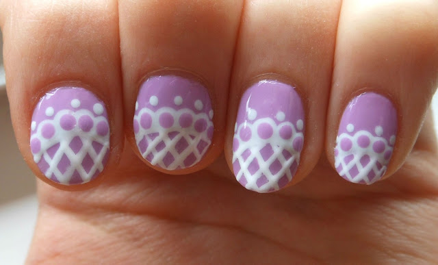 Purple Base Nails With White Lace Nail Art For Short Nails