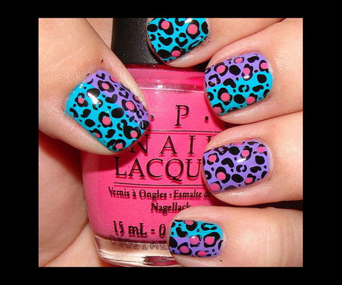 Purple Blue And Pink Leopard Print Nail Art