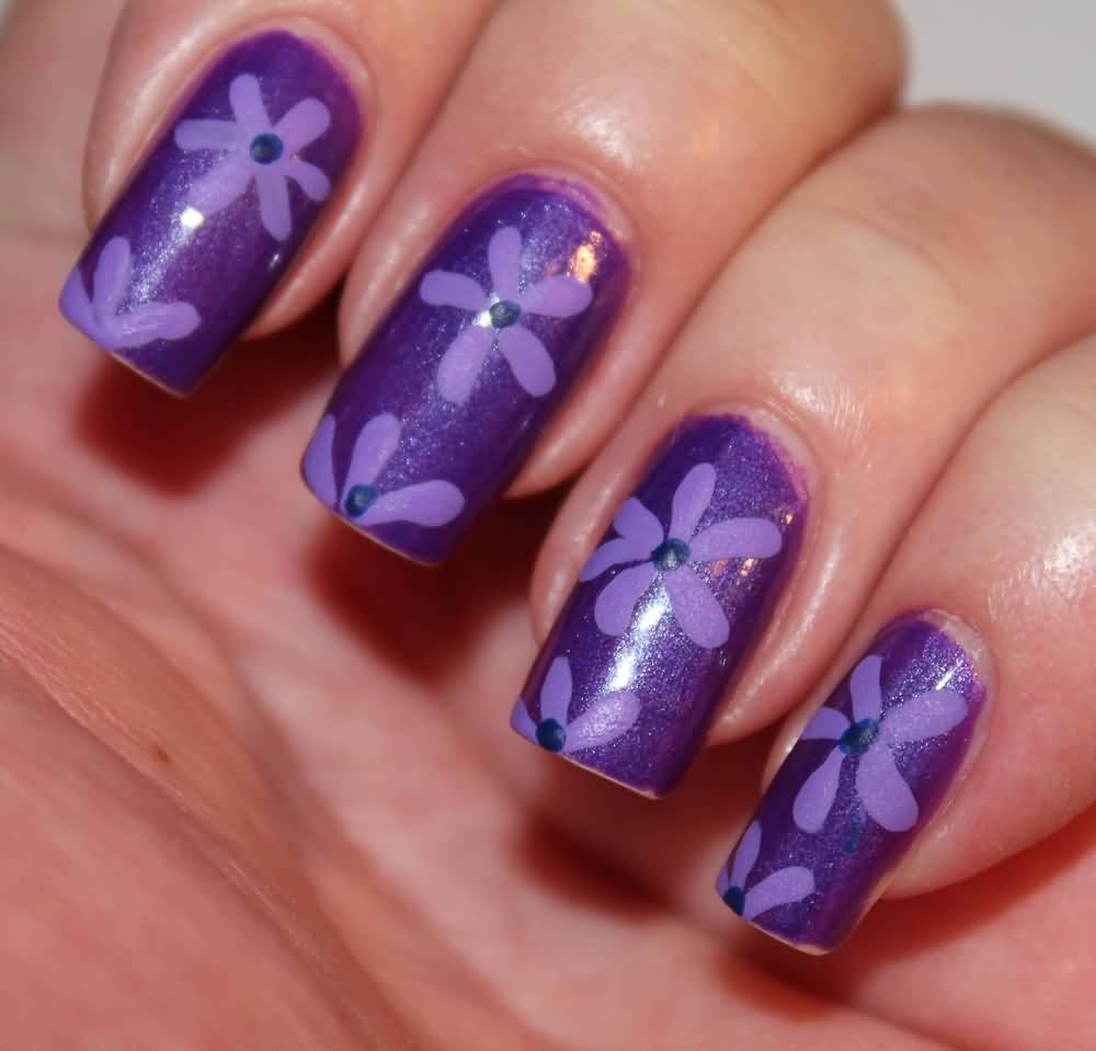 Purple Flowers Design Acrylic Nail Art